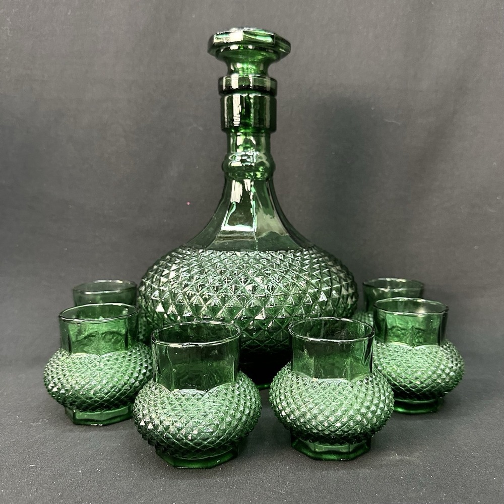 Italian Empoli Glass 9" Liqueur/Decanter Set In Classic Diamond Point, Vintage